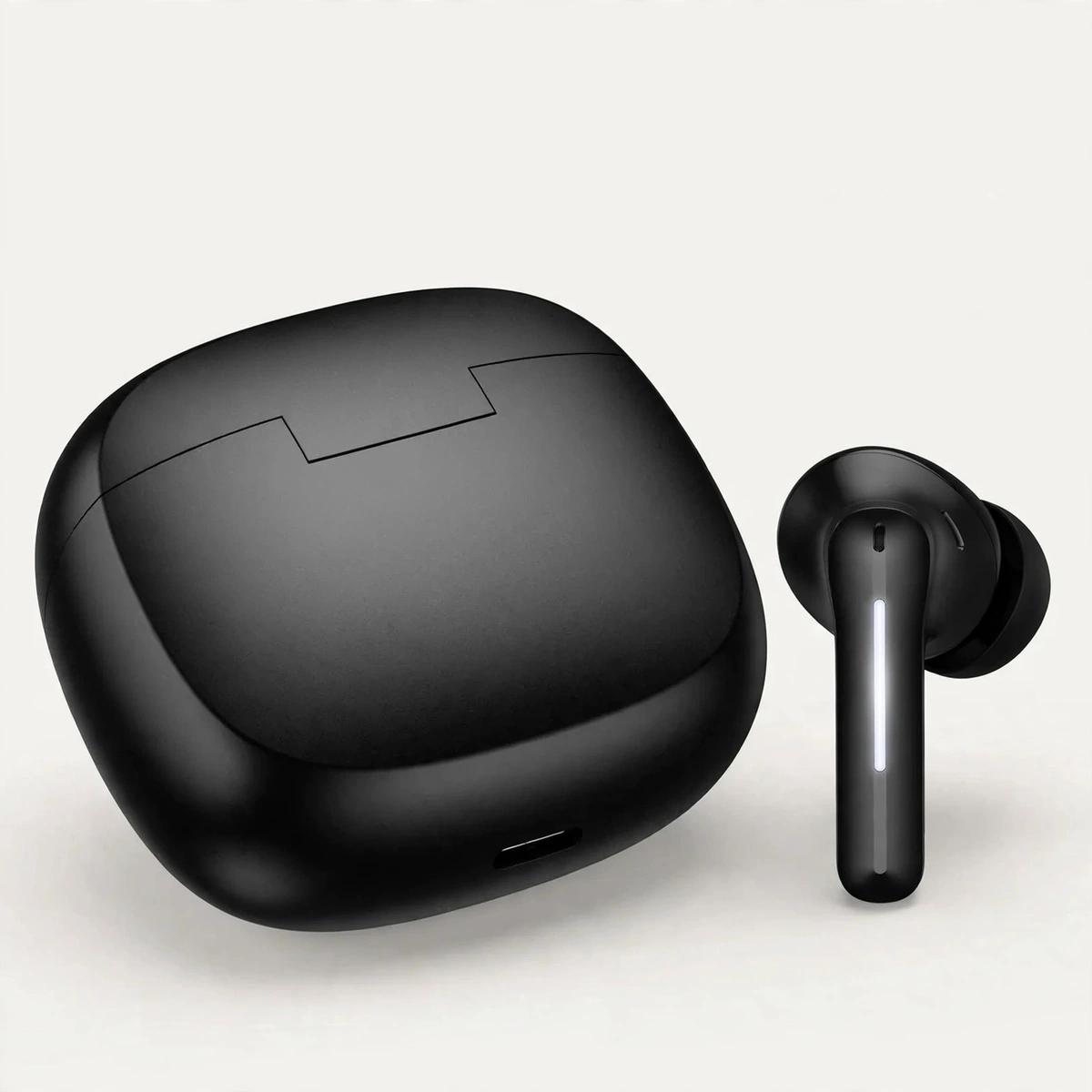 Closed matte-black Hoco EQ34 Plus charging case with an earbud beside it, USB-C edge visible