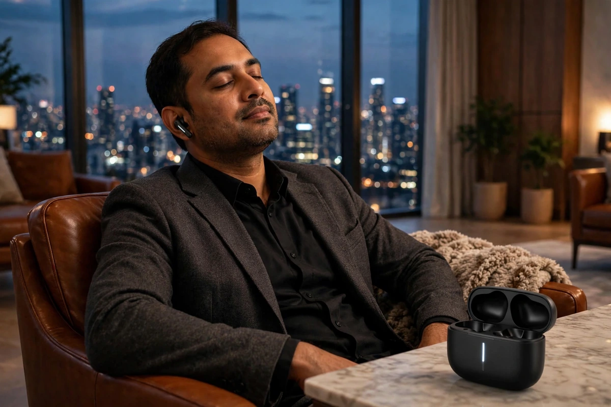 Man in a luxury penthouse at dusk wearing Hoco EQ34 Plus earbuds