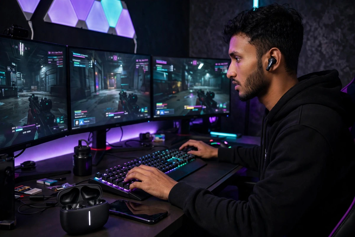 Young man in an RGB gaming room wearing Hoco EQ34 Plus earbuds