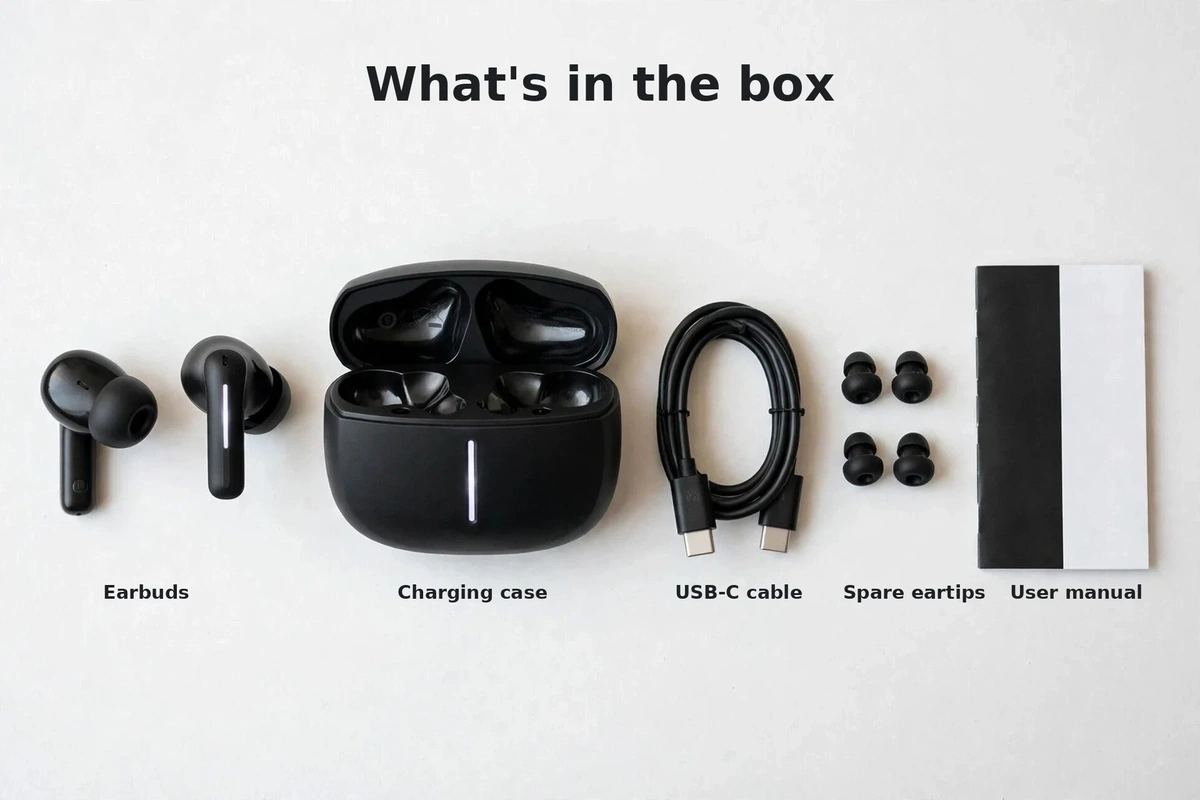 Flat-lay of Hoco EQ34 Plus box contents: earbuds, charging case, USB-C cable, spare eartips and user manual