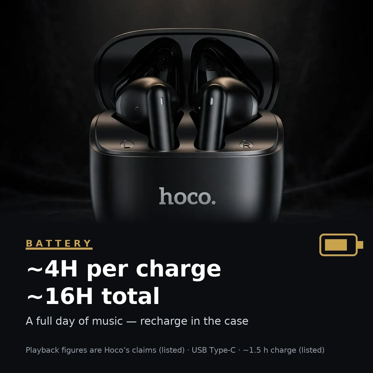 Hoco EW205 battery feature card: 4 hours per charge, 16 hours total