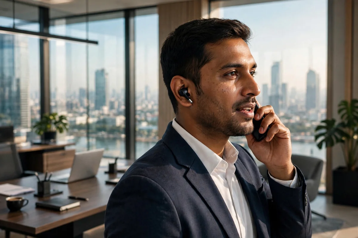 Man wearing Hoco EW205 earbuds in an executive office