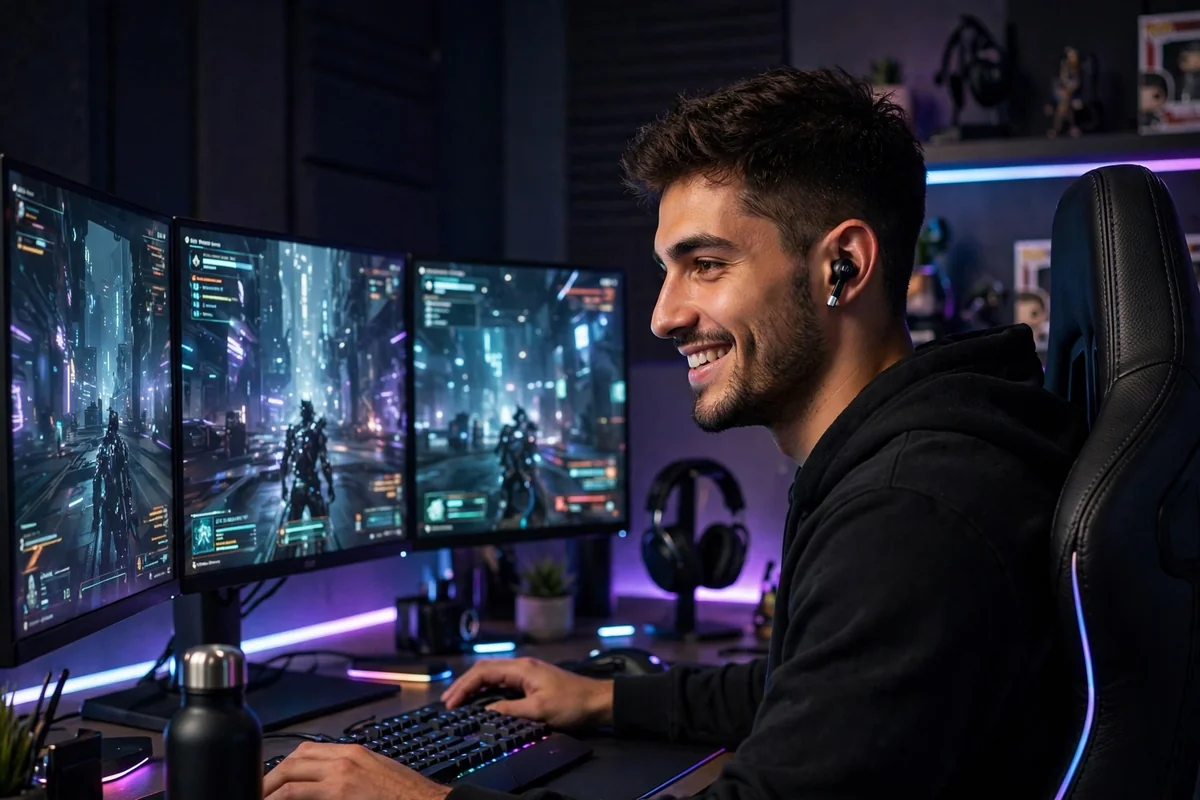 Man wearing Hoco EW205 earbuds in a gaming lounge