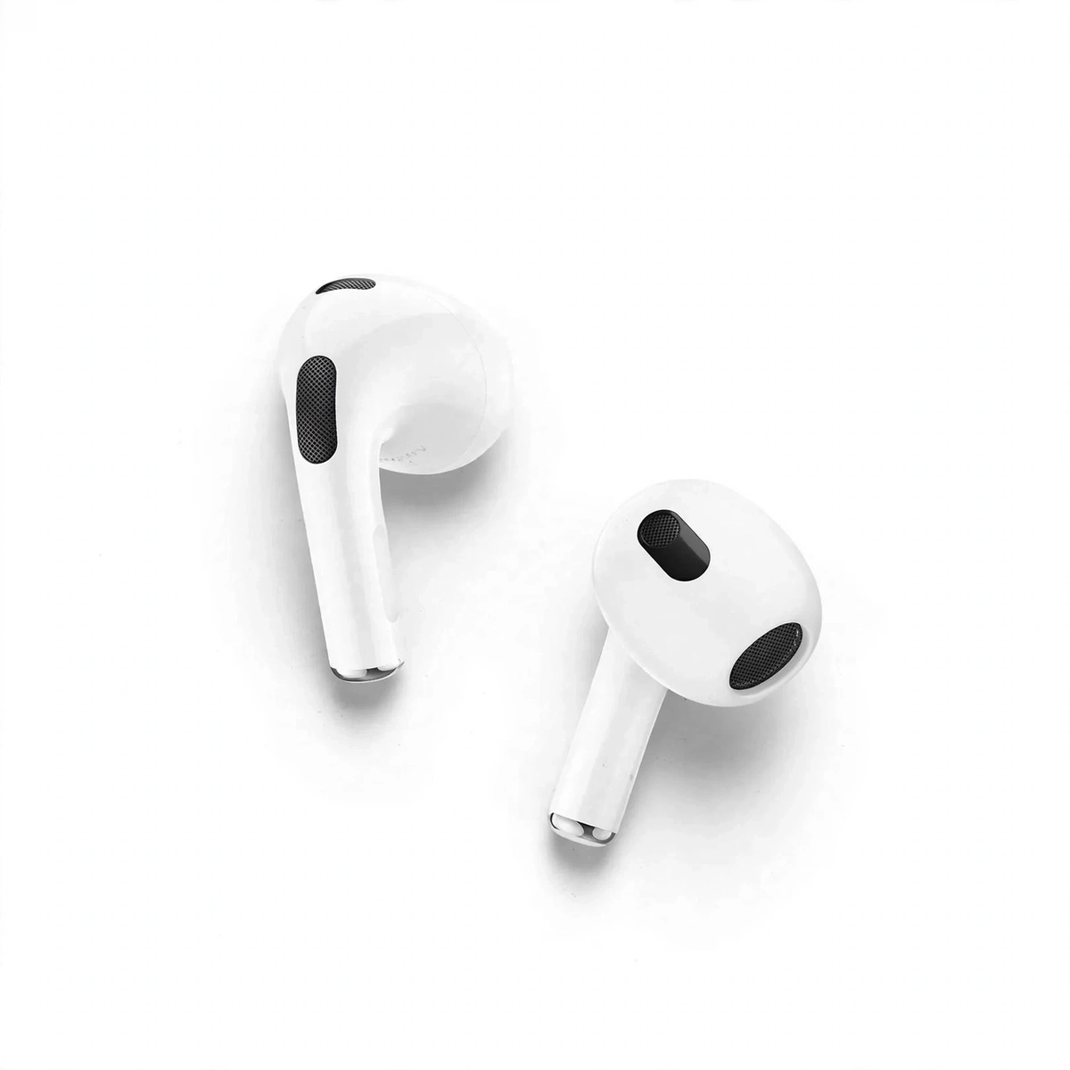 Clean listing shot: two white Hoco EW76 earbuds angled, black mesh ports visible, white background