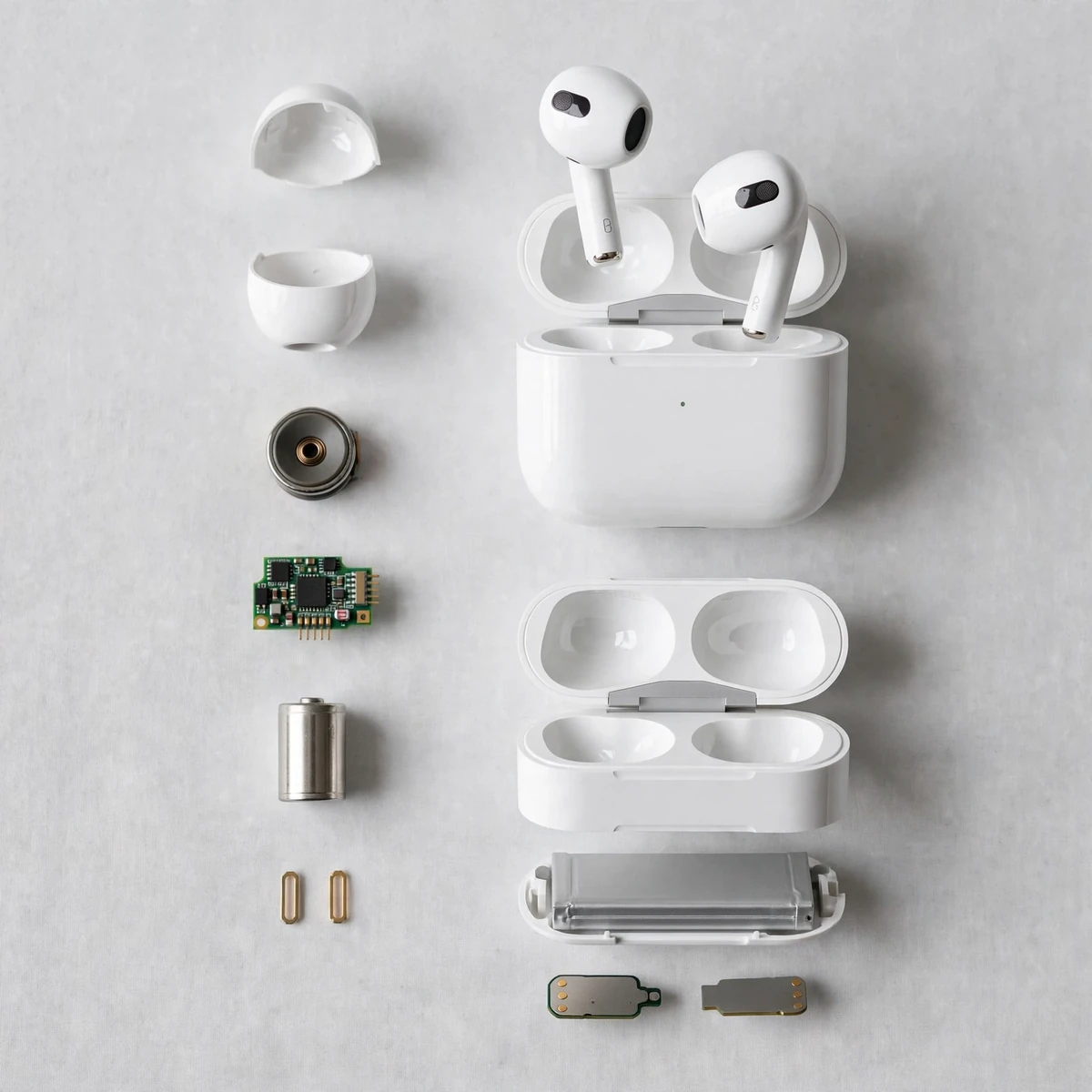 Illustrative exploded reconstruction of Hoco EW76 earbud and charging case layers — illustrative reconstruction, not a real teardown