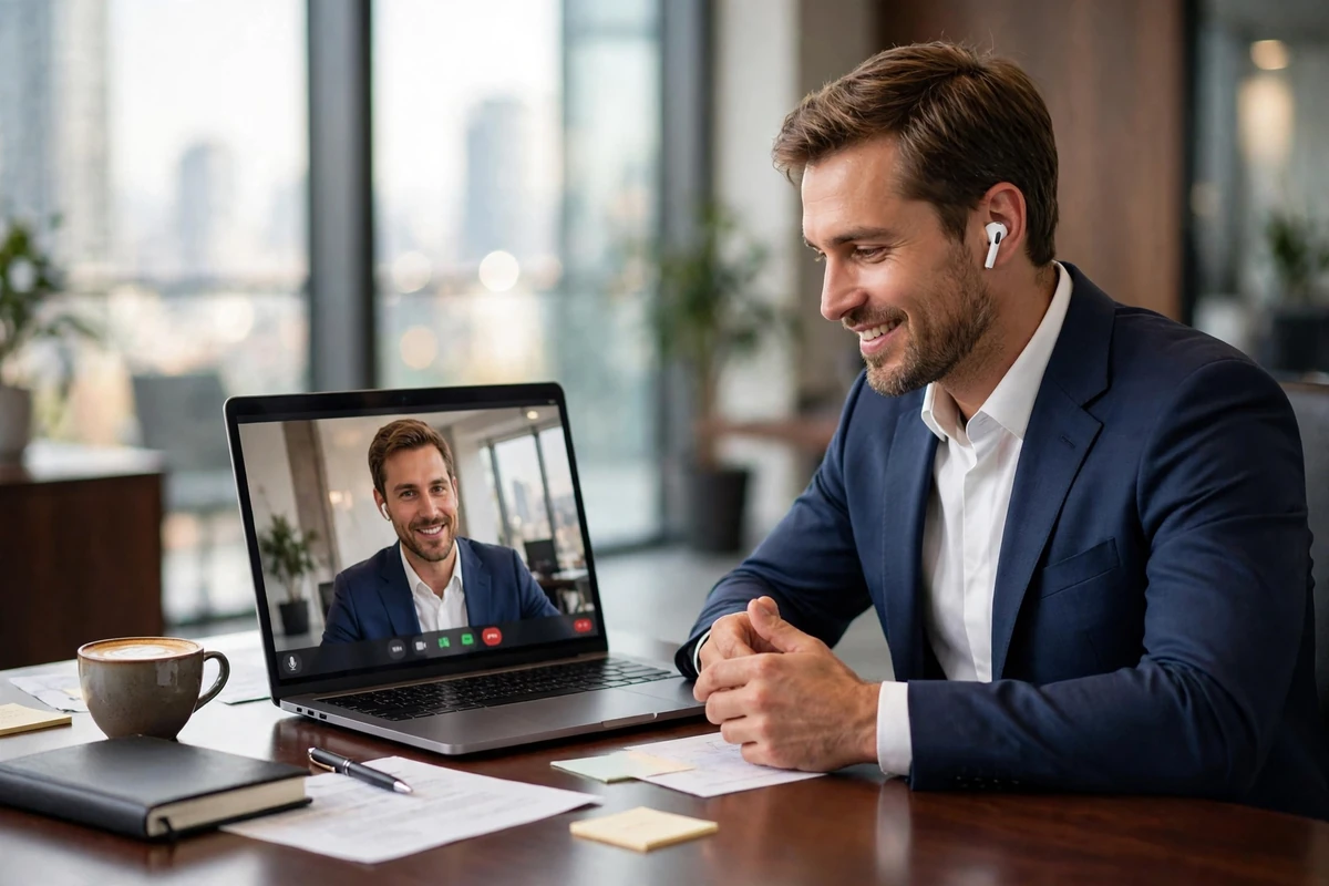 International male executive on a video call in a high-end office, white Hoco EW76 earbud visible — hands-free calls story