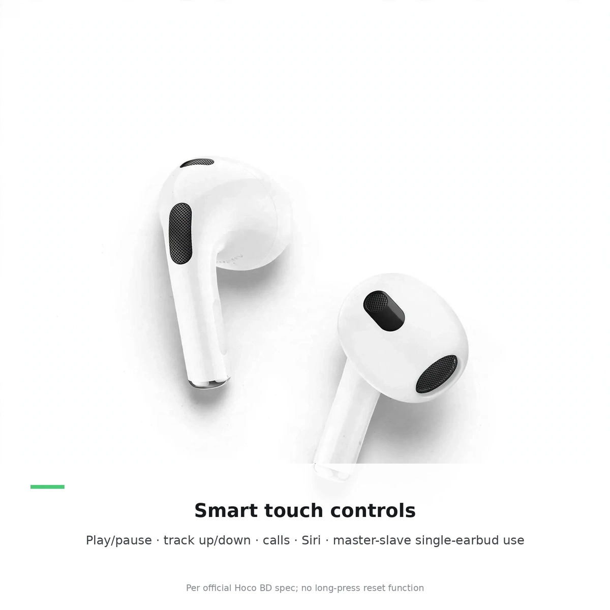 Hoco EW76 controls card: smart touch controls — play/pause, track up/down, calls, Siri, single-earbud use; no long-press reset