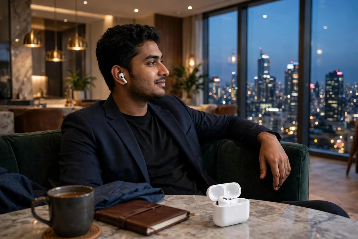International male model relaxing in a warm-lit exclusive lounge, white Hoco EW76 earbud in ear, case on marble table