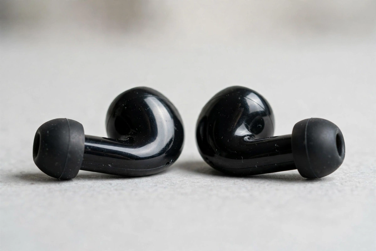 Macro close-up of the Hoco MMJ-24 earbuds