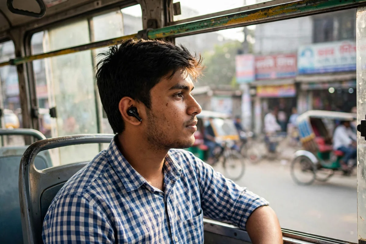 Commuter wearing Hoco MMJ-24 earbuds on a Dhaka city bus