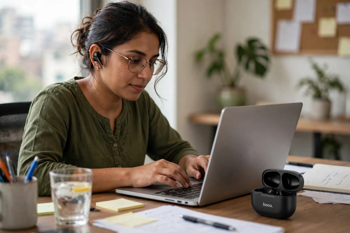 Professional wearing Hoco MMJ-24 earbuds at an office desk