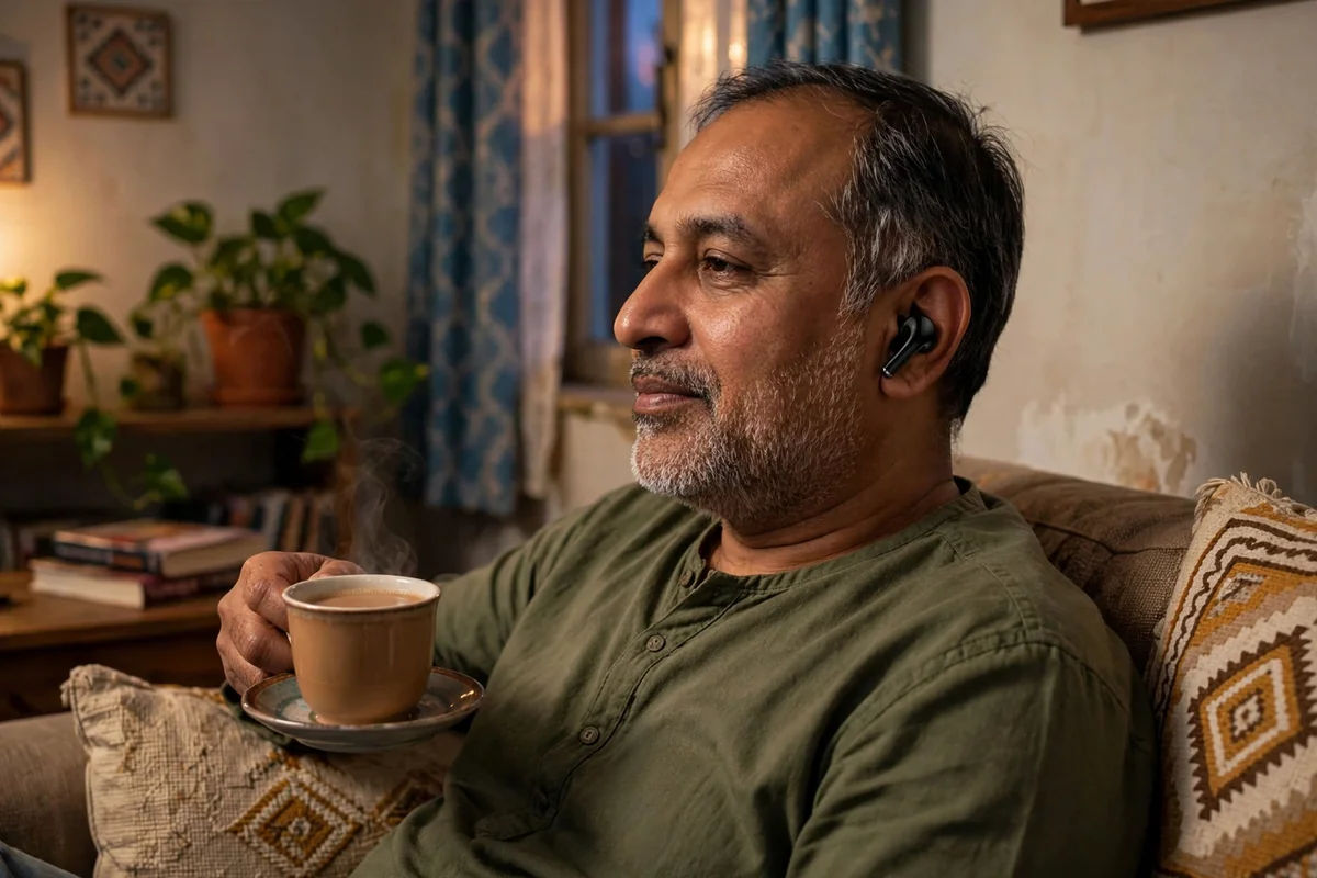 Man wearing Hoco MMJ-24 earbuds at home