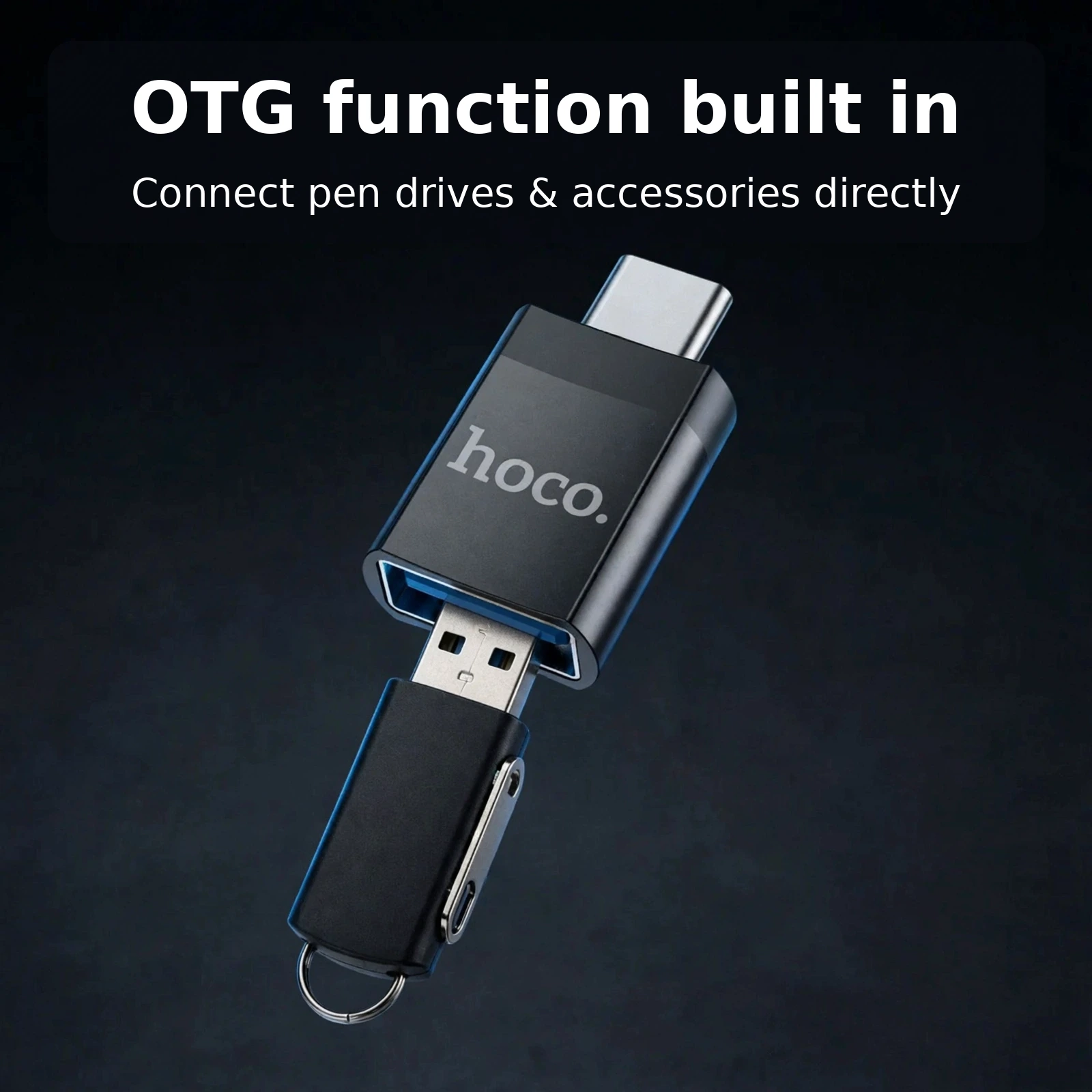 Hoco UA17 USB-C OTG adapter with pen drive connected showing OTG function