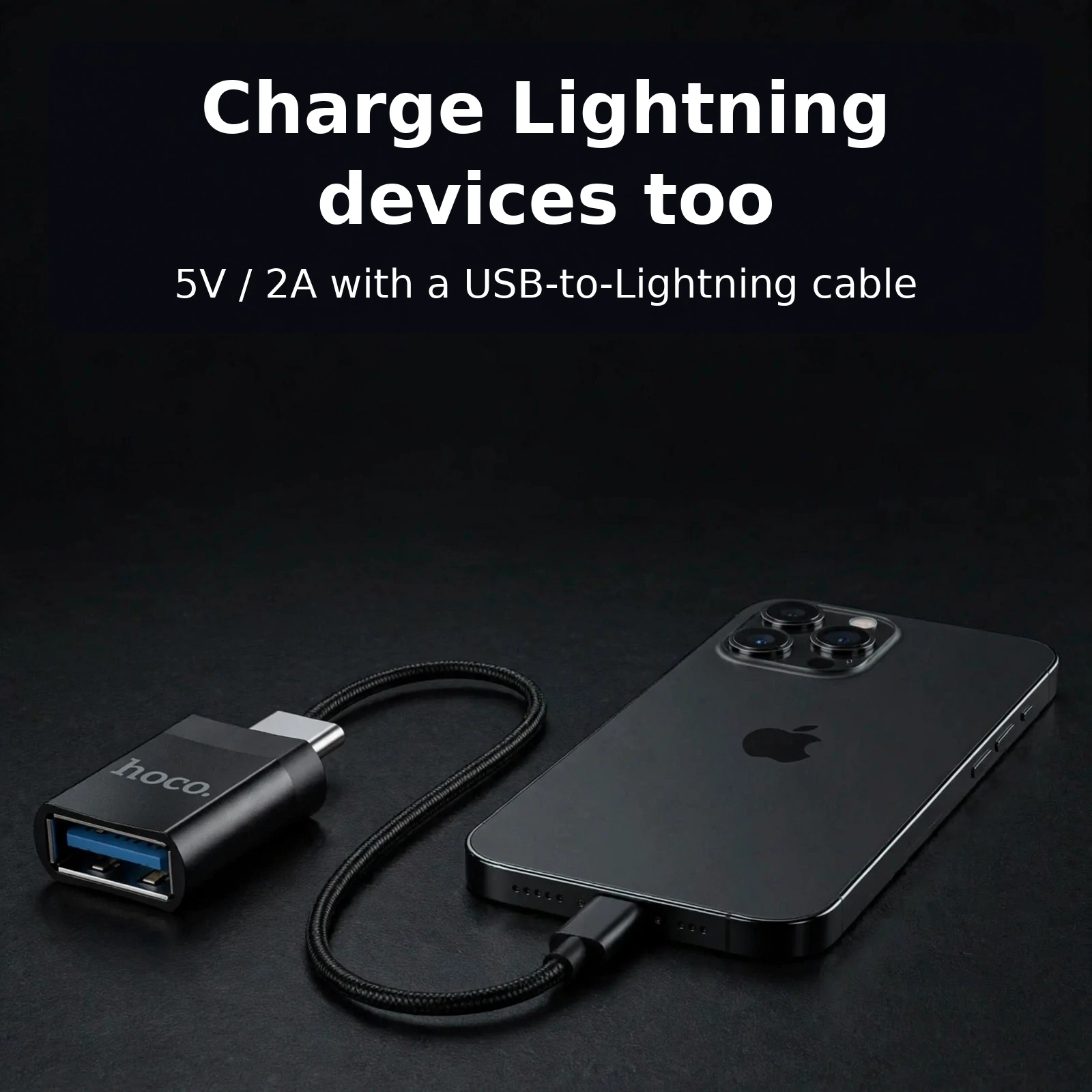 Hoco UA17 USB-C OTG adapter charging a Lightning device at 5V 2A with a USB to Lightning cable