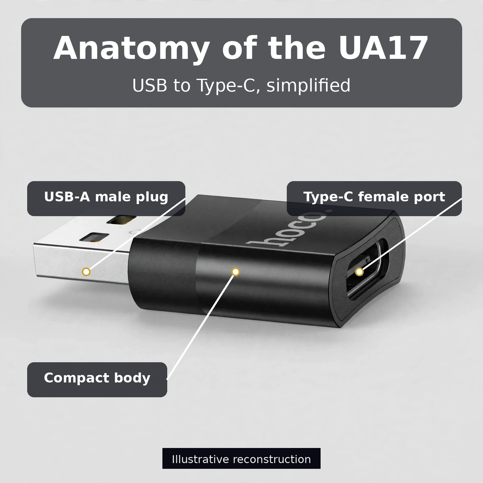 Anatomy of the HOCO UA17 showing USB-A male plug, Type-C female port and compact body