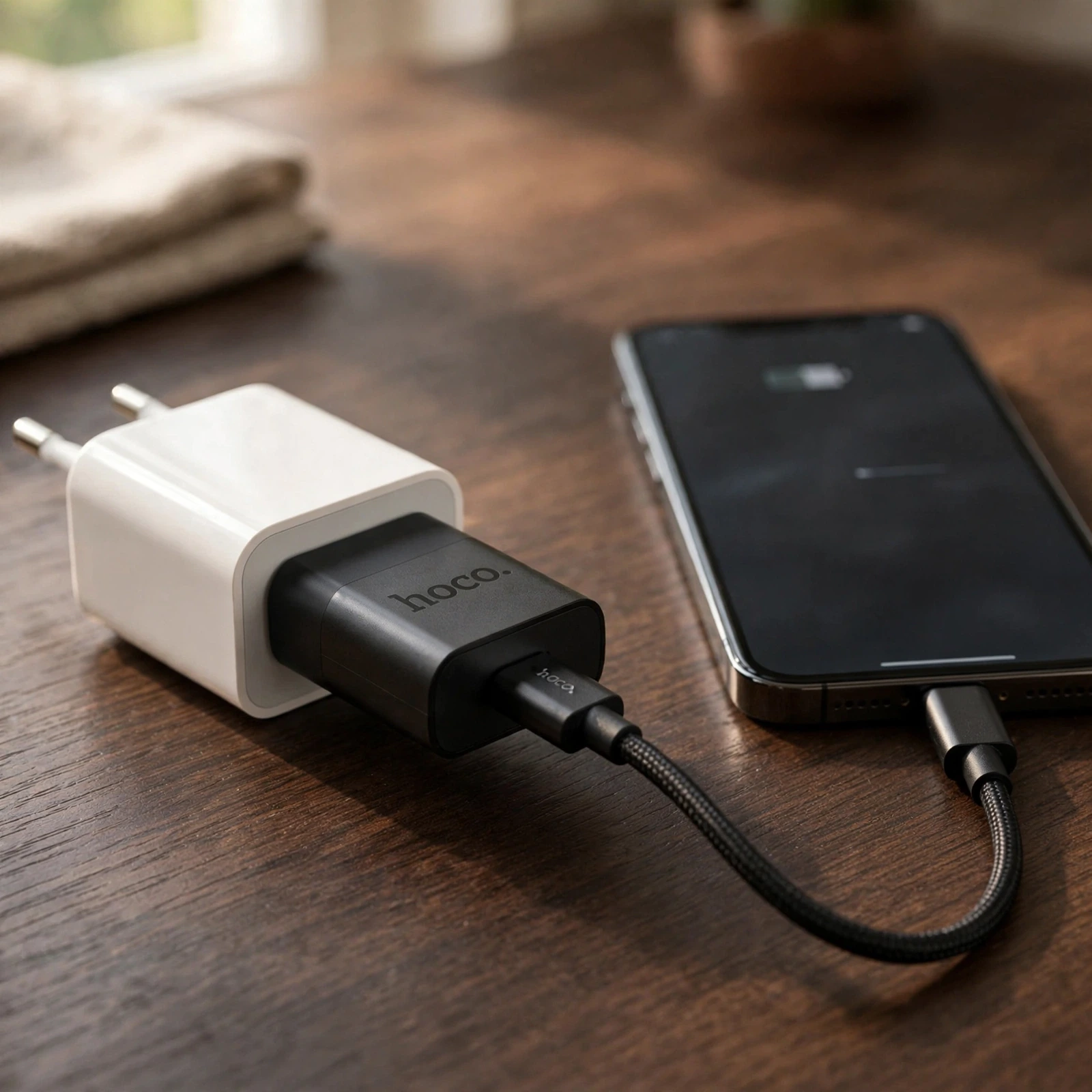 HOCO UA17 USB male to Type-C female adapter plugged into a USB-A wall charger with a Type-C cable charging a phone