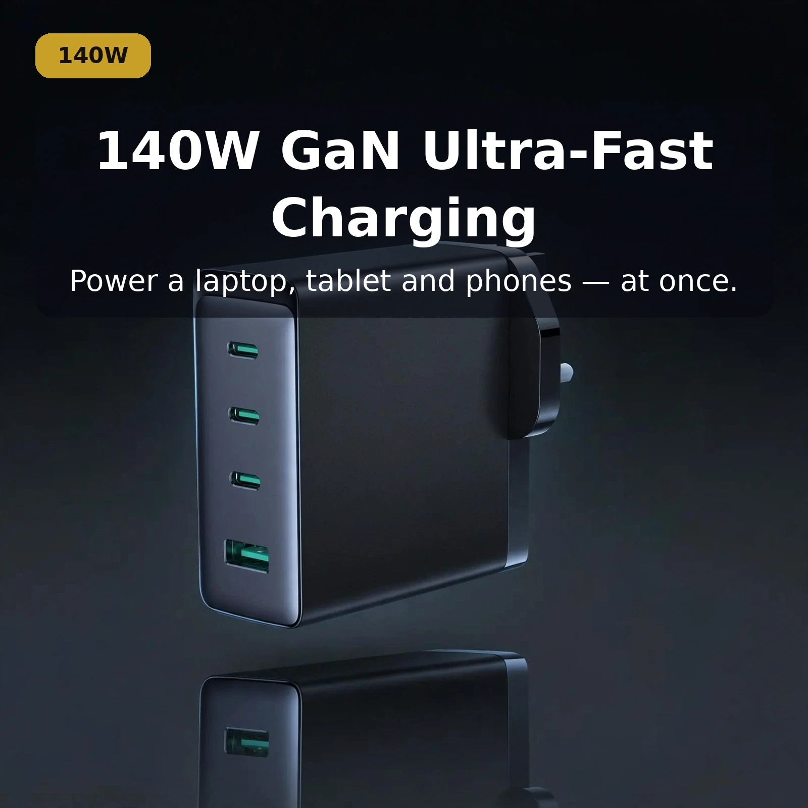 140W GaN ultra-fast charging powers a laptop tablet and phones at once