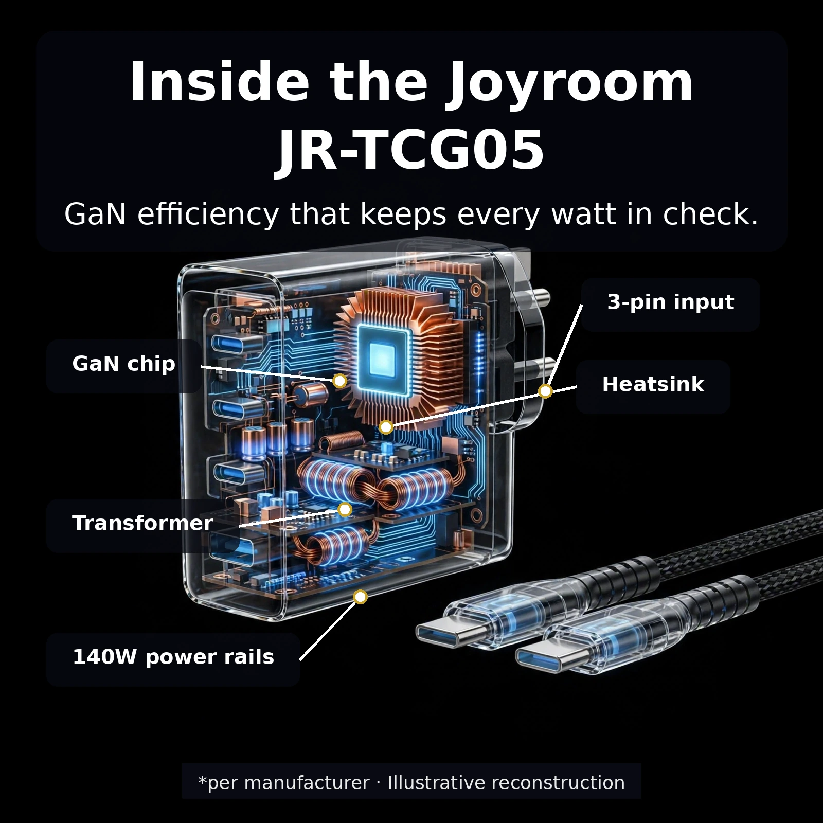 Inside the Joyroom JR-TCG05 GaN chip heatsink transformer 140W power rails