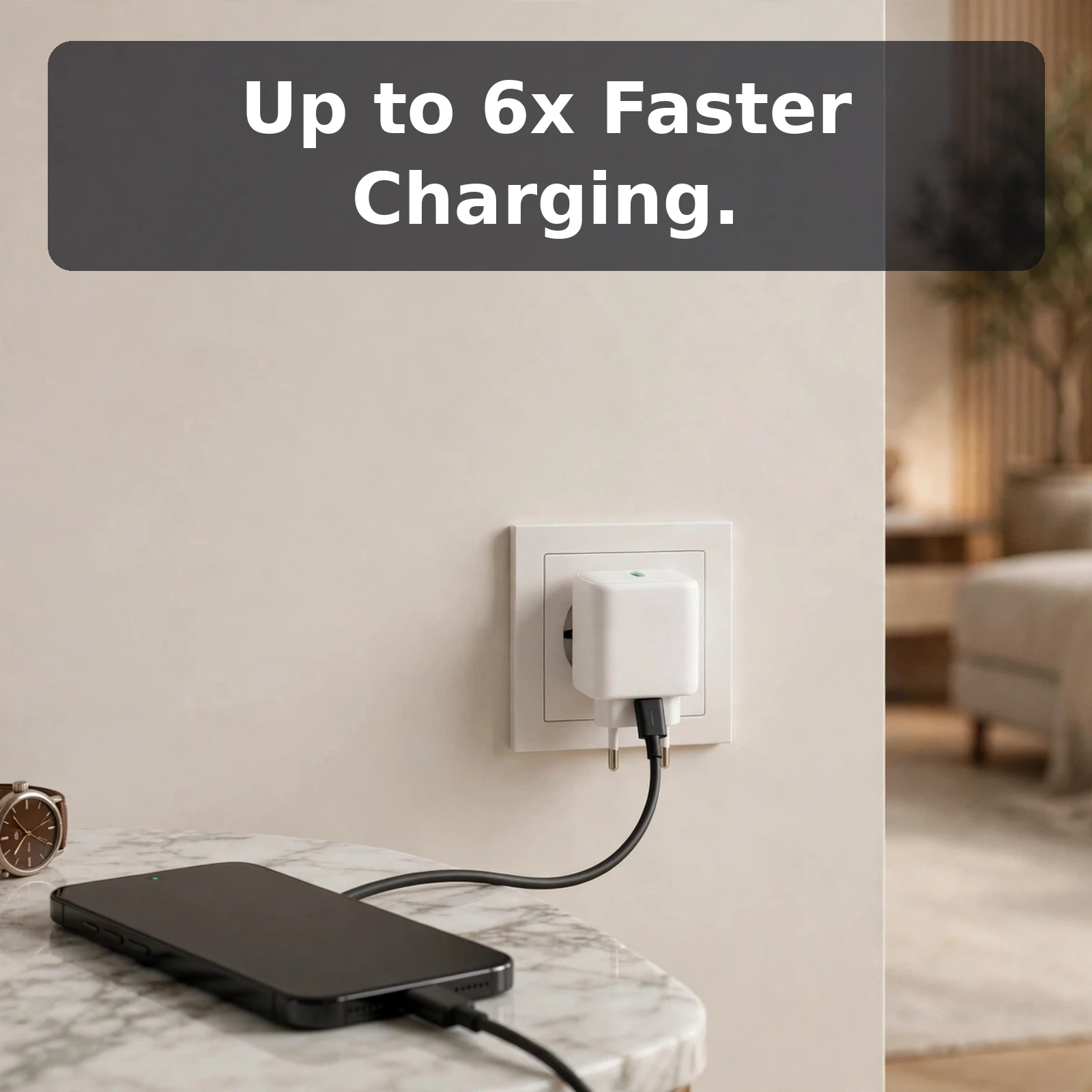Joyroom 30W PD fast charger charging a phone on a marble side table