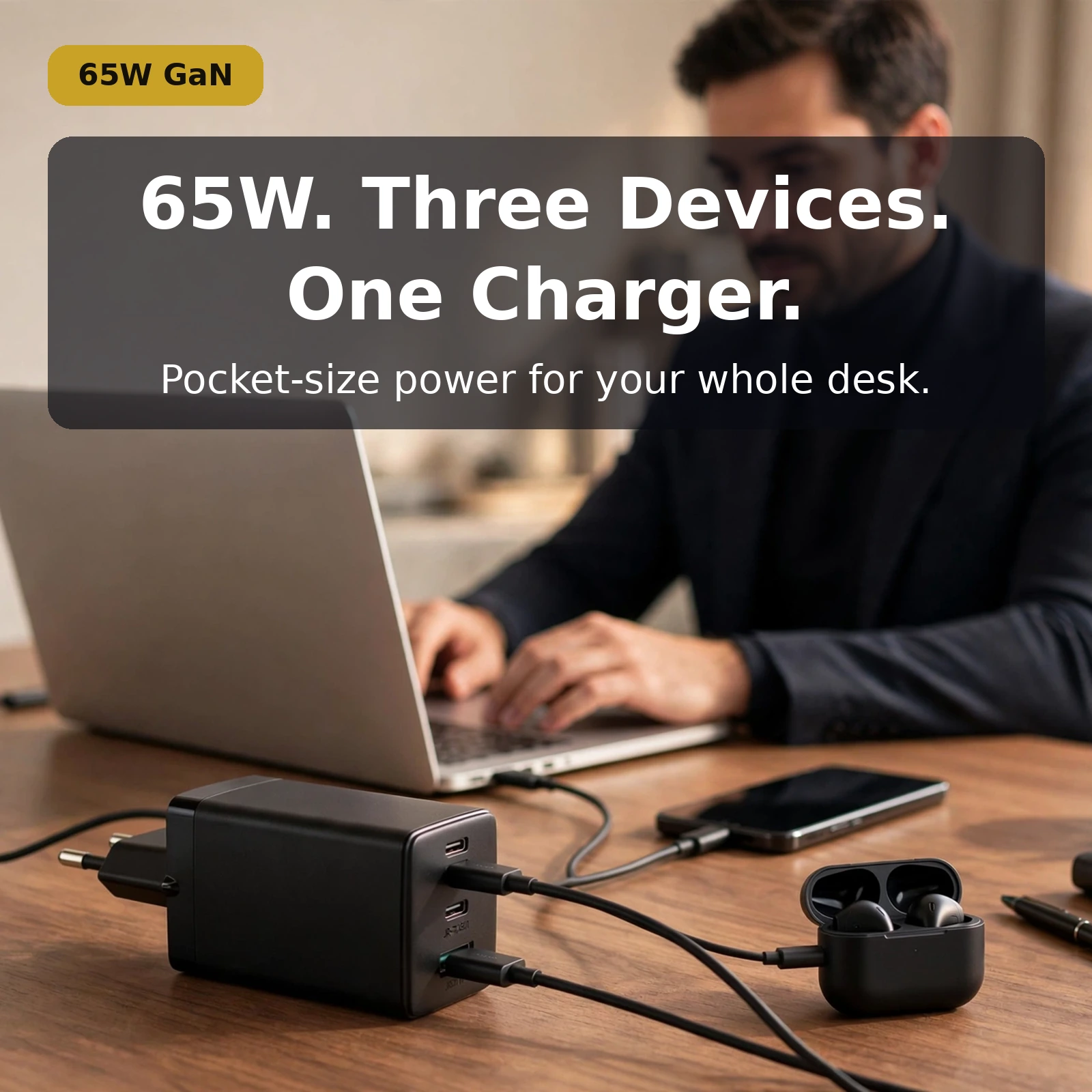 Joyroom JR-TCG01 65W GaN fast charger charging three devices on a desk