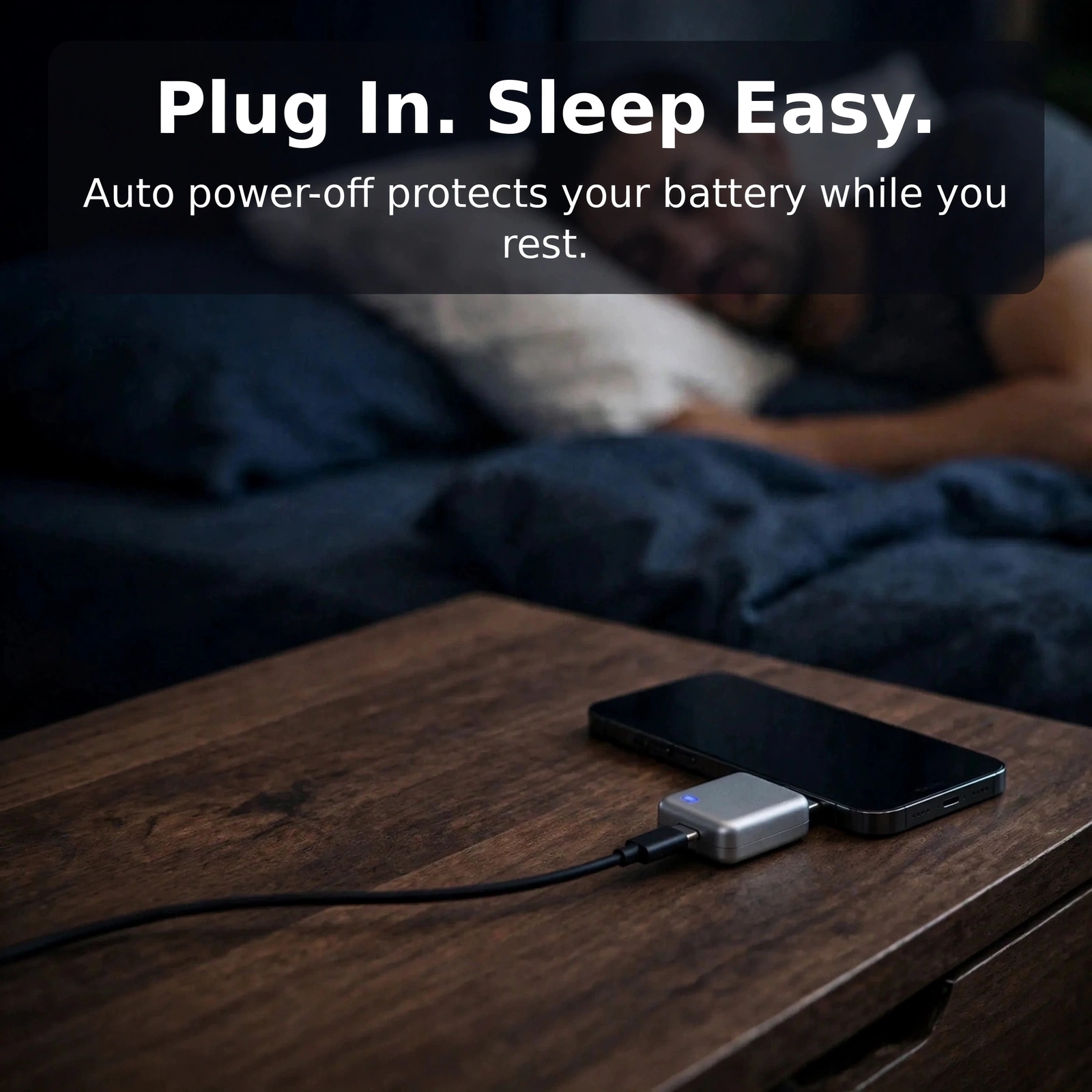 Smart Auto Stop Full Charging Adapter protecting a phone charging overnight