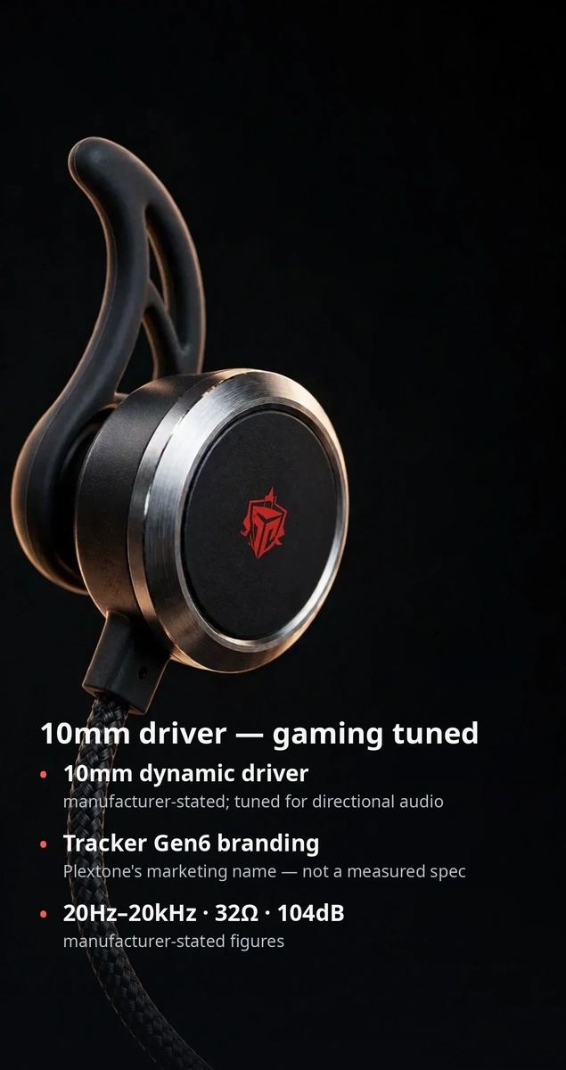 Plextone RX3 Gen 2 driver card: 10mm dynamic driver, 20Hz-20kHz, 32 ohm, 104dB — manufacturer's stated specifications