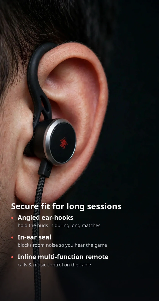 Plextone RX3 Gen 2 fit card: angled ear-hooks, in-ear seal, inline remote — manufacturer's stated features