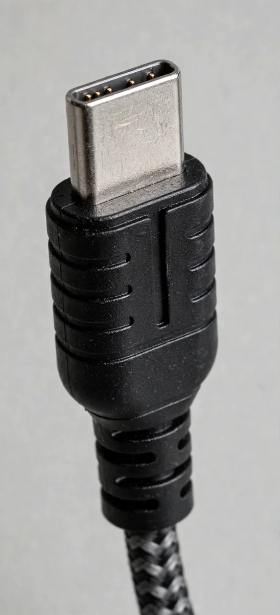 Macro of the USB Type-C connector on the Plextone RX3 Gen 2 braided cable