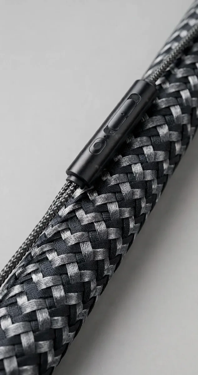 Close-up of the Plextone RX3 Gen 2 braided nylon cable weave and inline multi-function remote