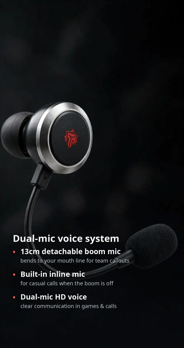 Plextone RX3 Gen 2 dual-mic feature card: 13cm detachable boom mic and built-in inline mic — manufacturer's stated features