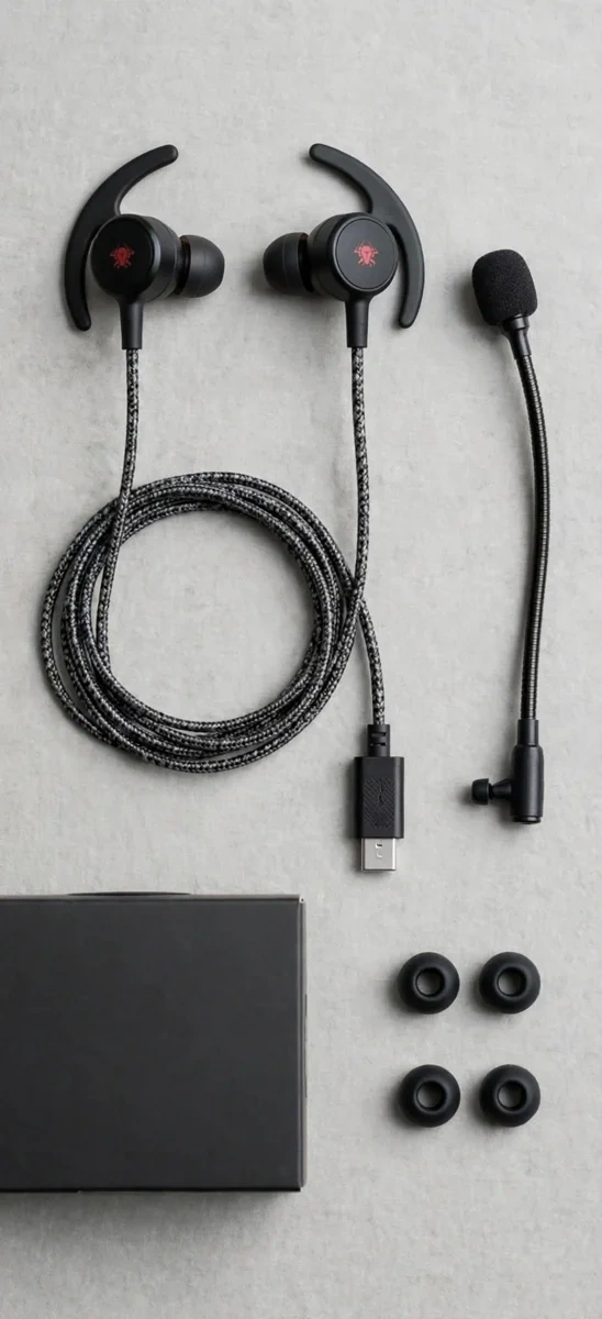 Flat lay of Plextone RX3 Gen 2 box contents: earphones with Type-C plug, 13cm detachable boom mic, spare ear tips, retail box