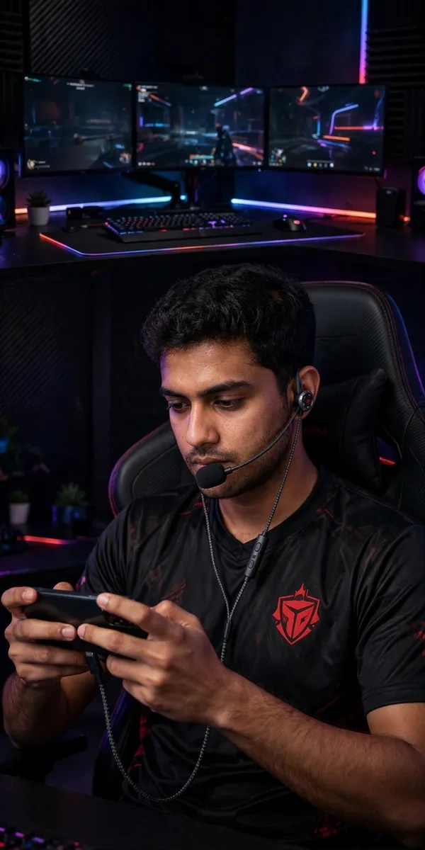 Gamer in a high-end gaming room wearing Plextone RX3 Gen 2 earphones