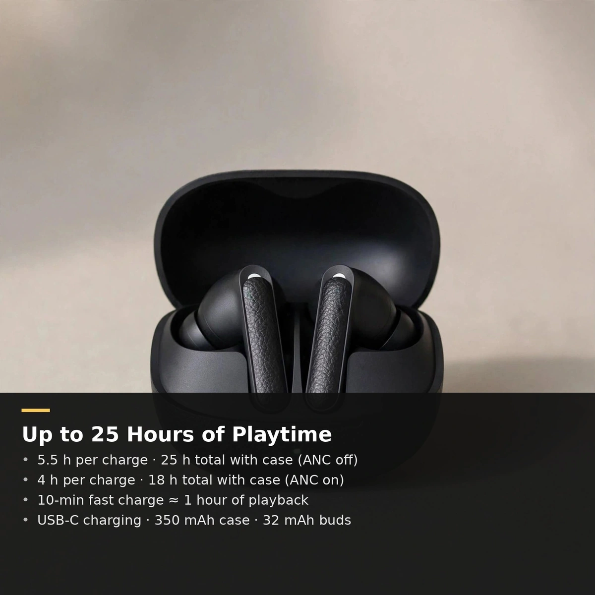 QCY HT15 battery card: up to 25 hours total playtime, 5.5h per charge, 10-minute fast charge — manufacturer-claimed figures