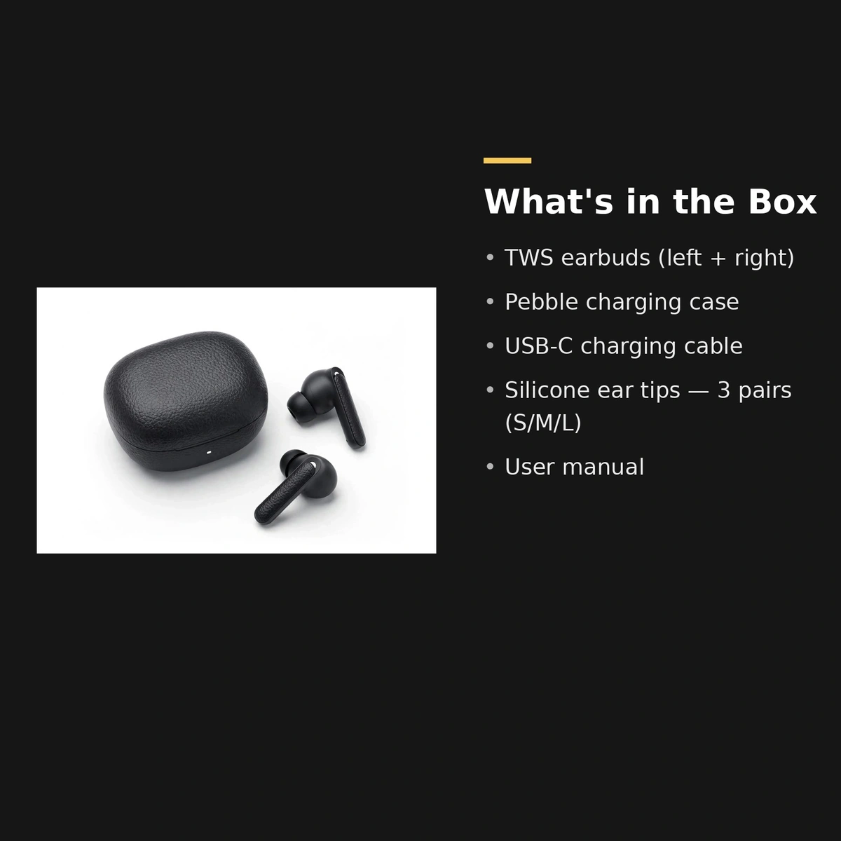 QCY HT15 box contents card: earbuds, charging case, USB-C cable, 3 pairs of ear tips, user manual