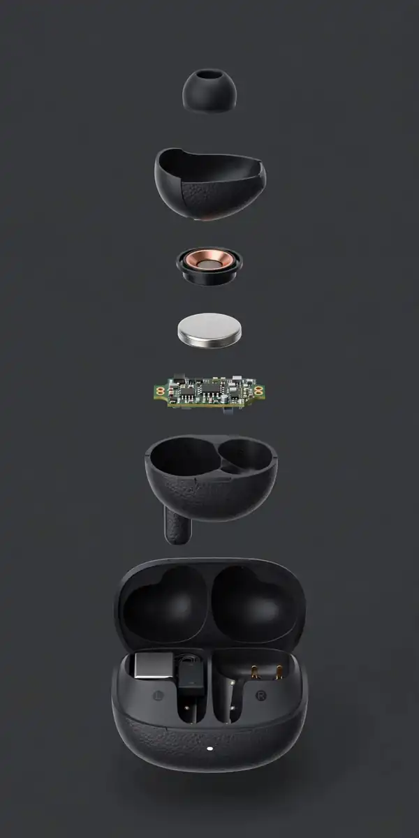 Exploded-view illustration of QCY HT15 earbud and charging case components, illustrative reconstruction