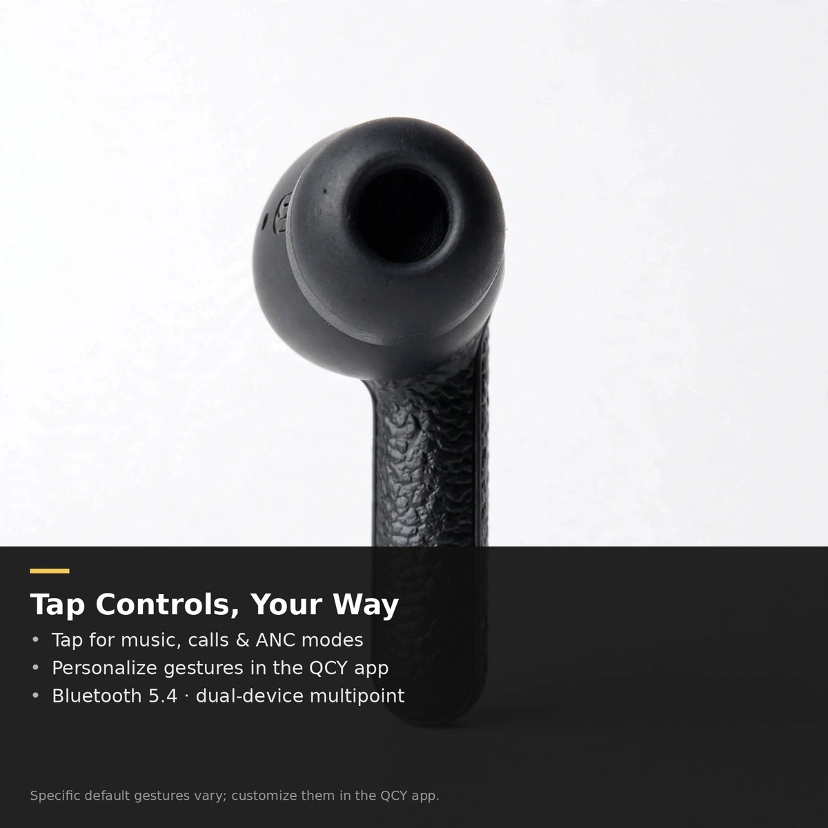QCY HT15 feature card: tap controls and QCY app personalization — manufacturer-claimed