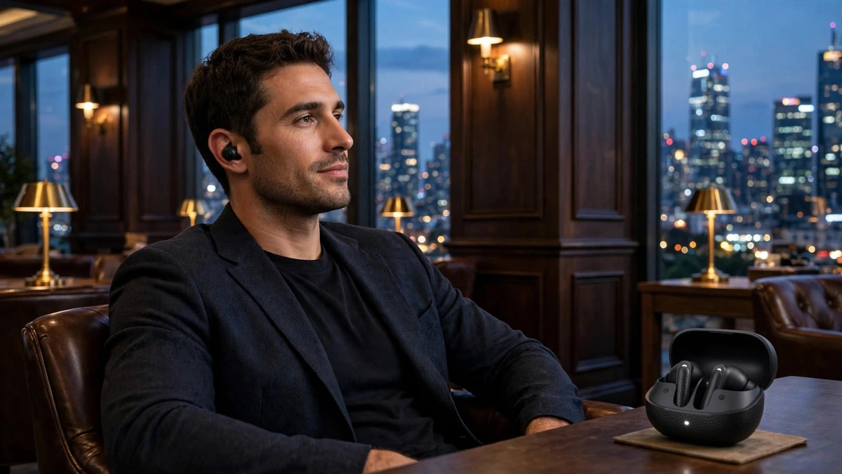 Man in an exclusive members' lounge at dusk wearing QCY HT15 earbuds