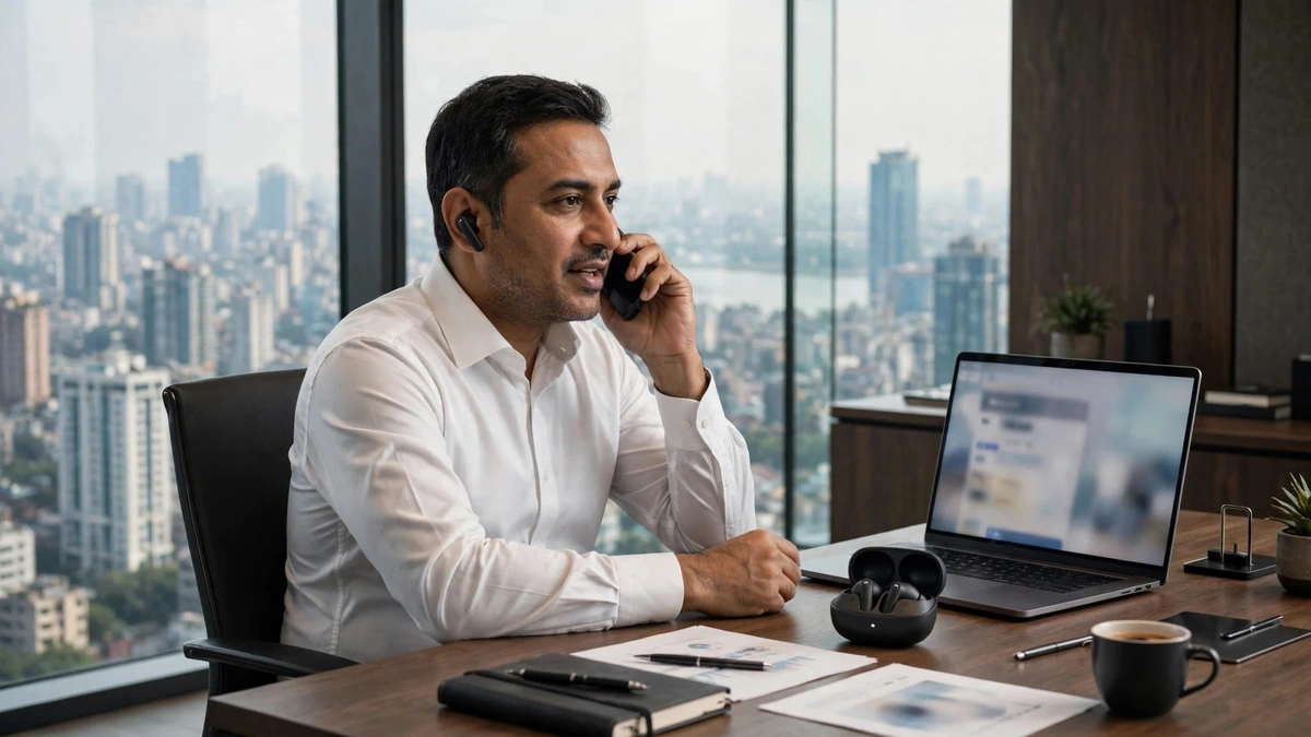 Executive on a phone call in a high-rise office wearing QCY HT15 earbuds