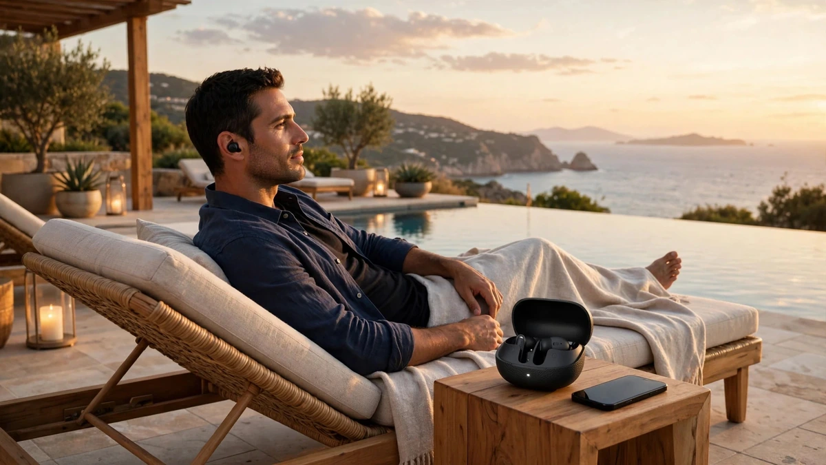 Man reclining at a luxury resort infinity pool wearing QCY HT15 earbuds