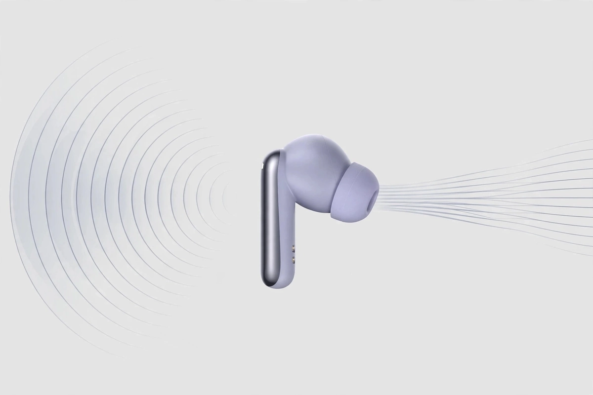 Benefit visualization: lavender QCY MeloBuds N50 earbud with noise waves fading out around it
