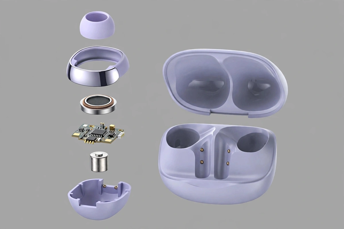 Illustrative exploded view of the QCY MeloBuds N50 earbud and charging case components — illustrative reconstruction, not a real teardown