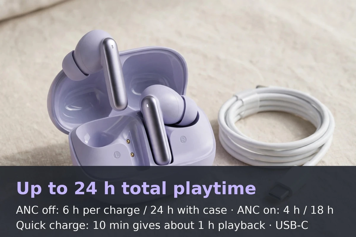 Feature card: QCY MeloBuds N50 open case with coiled USB-C cable, text overlay on 24-hour total playtime