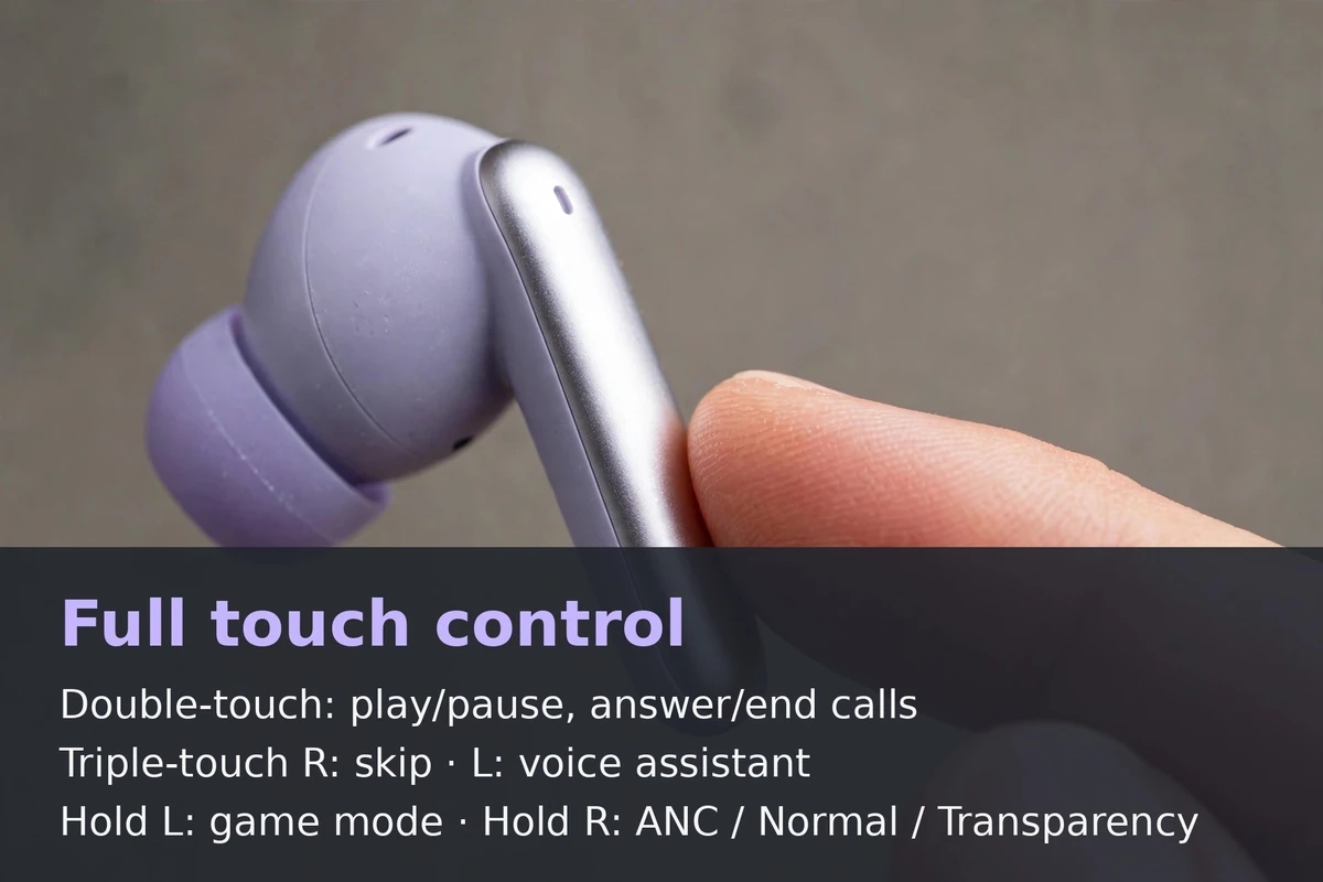 Feature card: macro of a fingertip touching the QCY MeloBuds N50 earbud touch panel, text overlay on touch controls