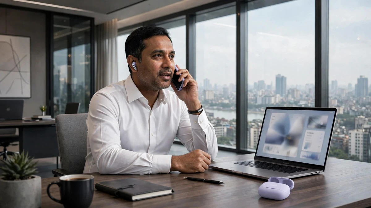 Bangladeshi executive on a phone call in a high-rise corner office wearing lavender QCY MeloBuds N50 earbuds, lavender case on desk