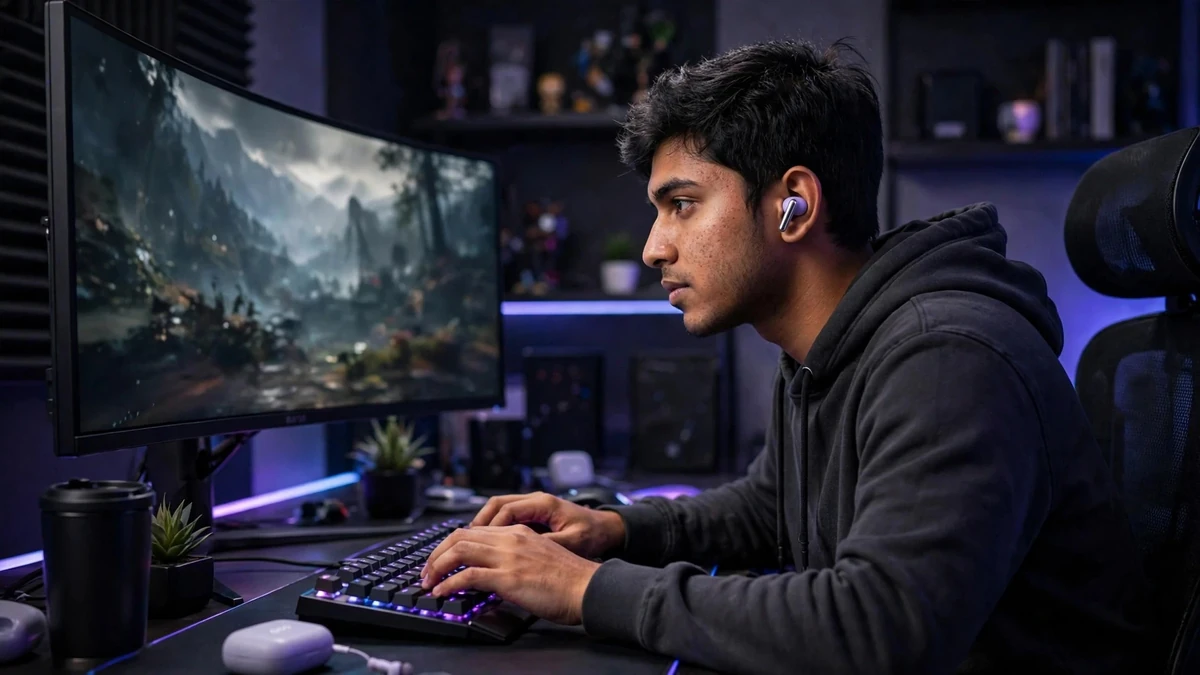 Young Bangladeshi gamer in a premium RGB gaming room wearing lavender QCY MeloBuds N50 earbuds