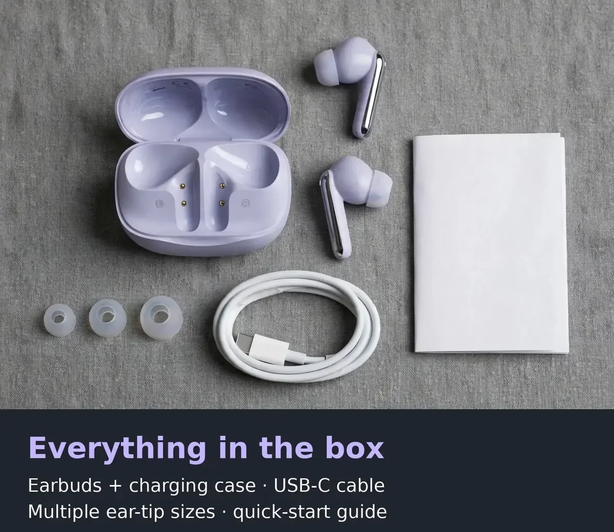 Feature card: flat lay of QCY MeloBuds N50 box contents — case, earbuds, USB-C cable, ear tips, manual