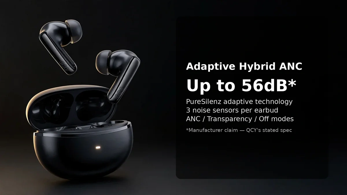 QCY MeloBuds N70 adaptive hybrid ANC feature card