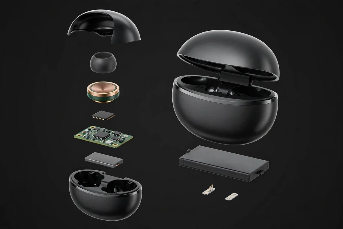 QCY MeloBuds N70 illustrative exploded view of earbud components