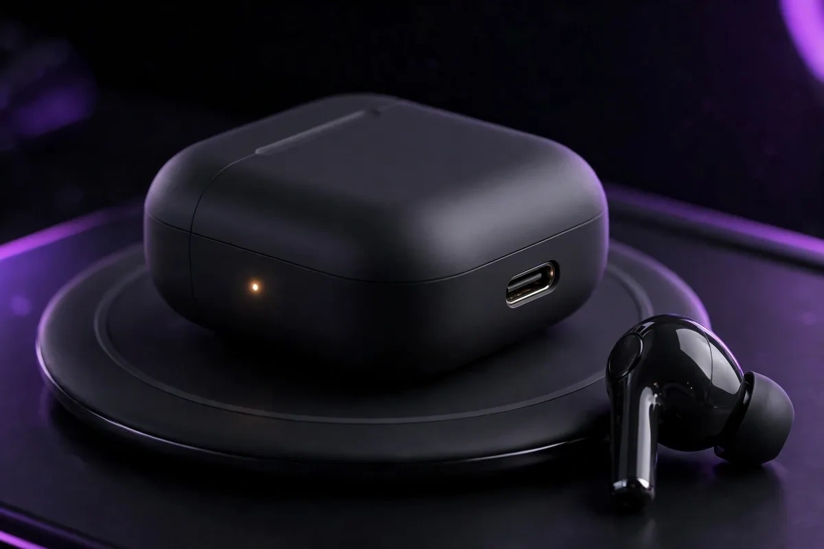 QCY MeloBuds N70 charging case detail on Qi wireless charging pad
