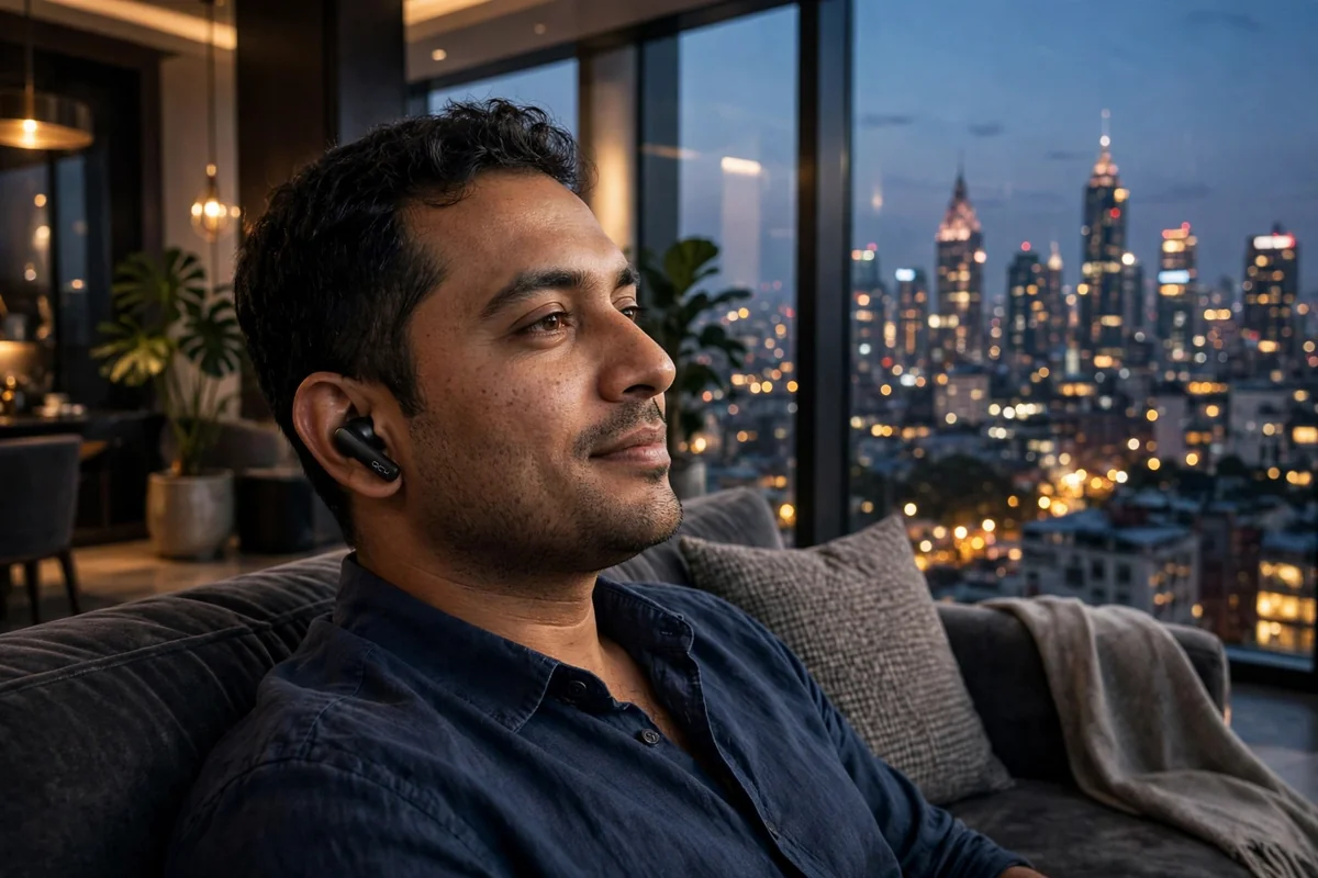 Man wearing QCY MeloBuds N70 earbuds in a Dhaka penthouse at dusk